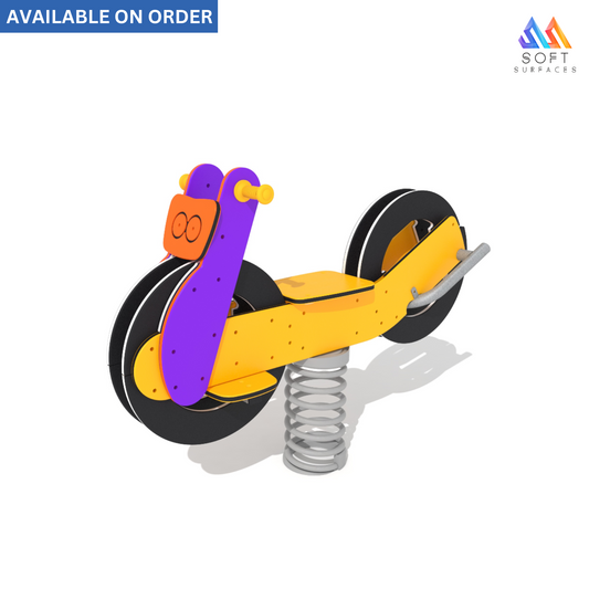 A colorful spring-loaded riding toy designed to look like a motorbike, with a purple seat and yellow body, featuring a single rider figure.