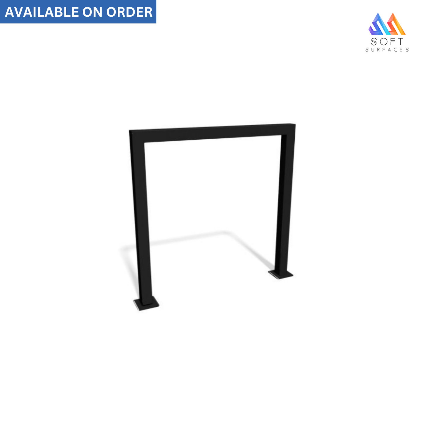 A black metal bicycle stand with a rectangular base and a tubular design, suitable for parking a bicycle upright.