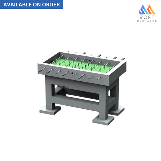 A gray foosball table with green playfield, available on order with a label.