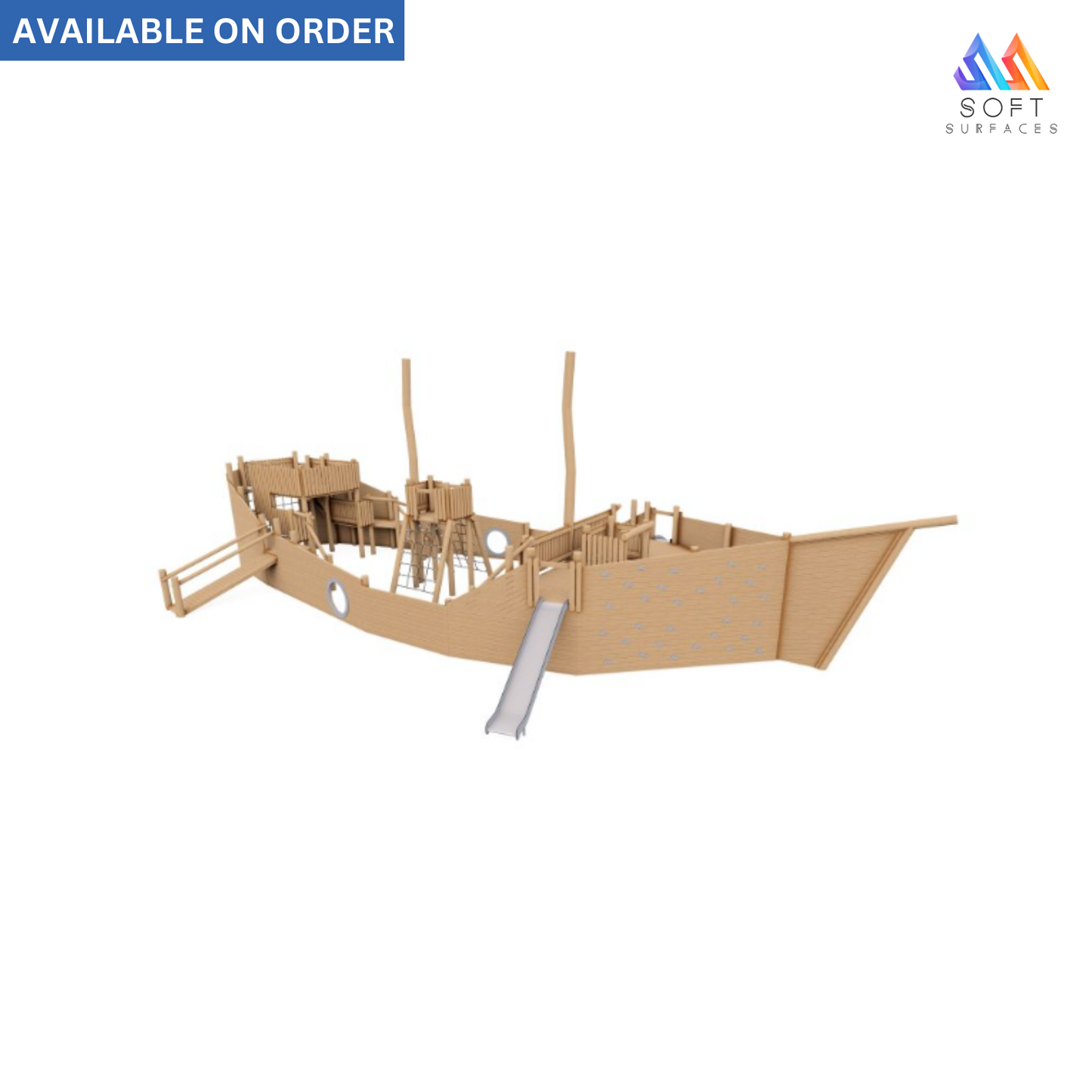 A large, beige cardboard play boat with a slide and acacia wood details, designed for children's play.