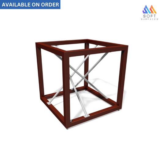 A 3D rendered image of a brown and silver box-shaped play structure with a grid of beams, indicating a sturdy and spacious design, intended for outdoor play.