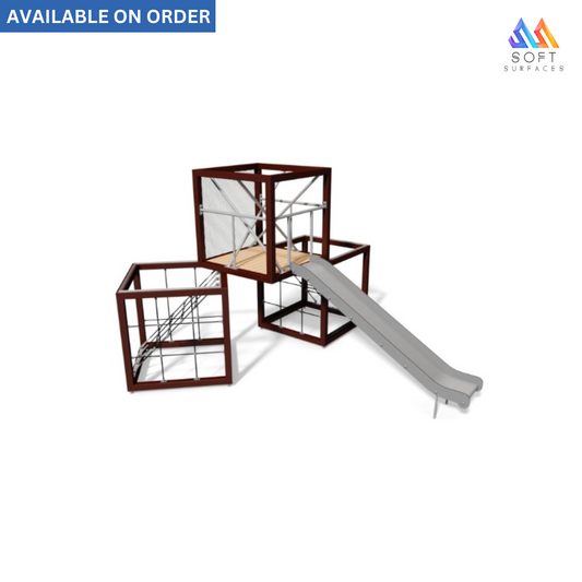 Modular play structure with a slide and climbing elements, made primarily of wood and metal, with a net ladder and a flat ladder, all in a minimalistic design.