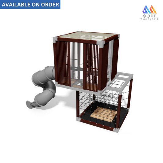 A multilevel bird cage with a metal frame and wooden doors, designed for a bird play area. The cage is equipped with a pull-out tray for cleaning and a circular saw-like structure on one side, indicating its multi-level design.