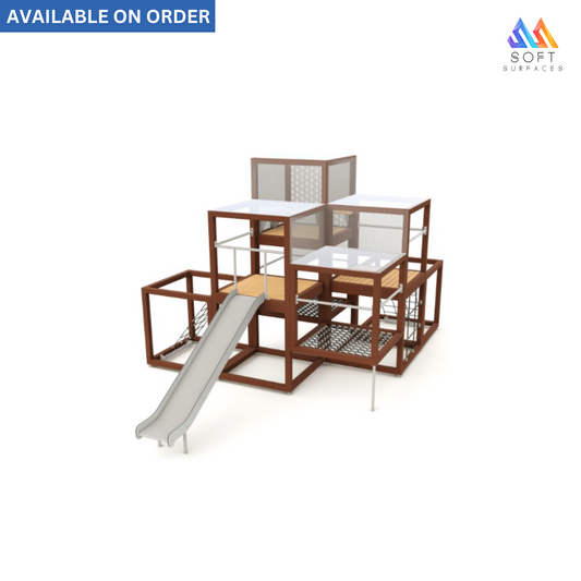 A wooden and metal play structure with slides and climbing elements.