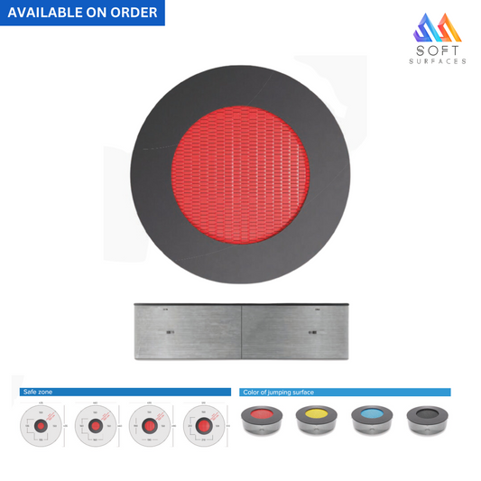 A round trampoline with a black, red, and gray color scheme, including a circular jumping surface and a safety enclosure with rubber crush pads.