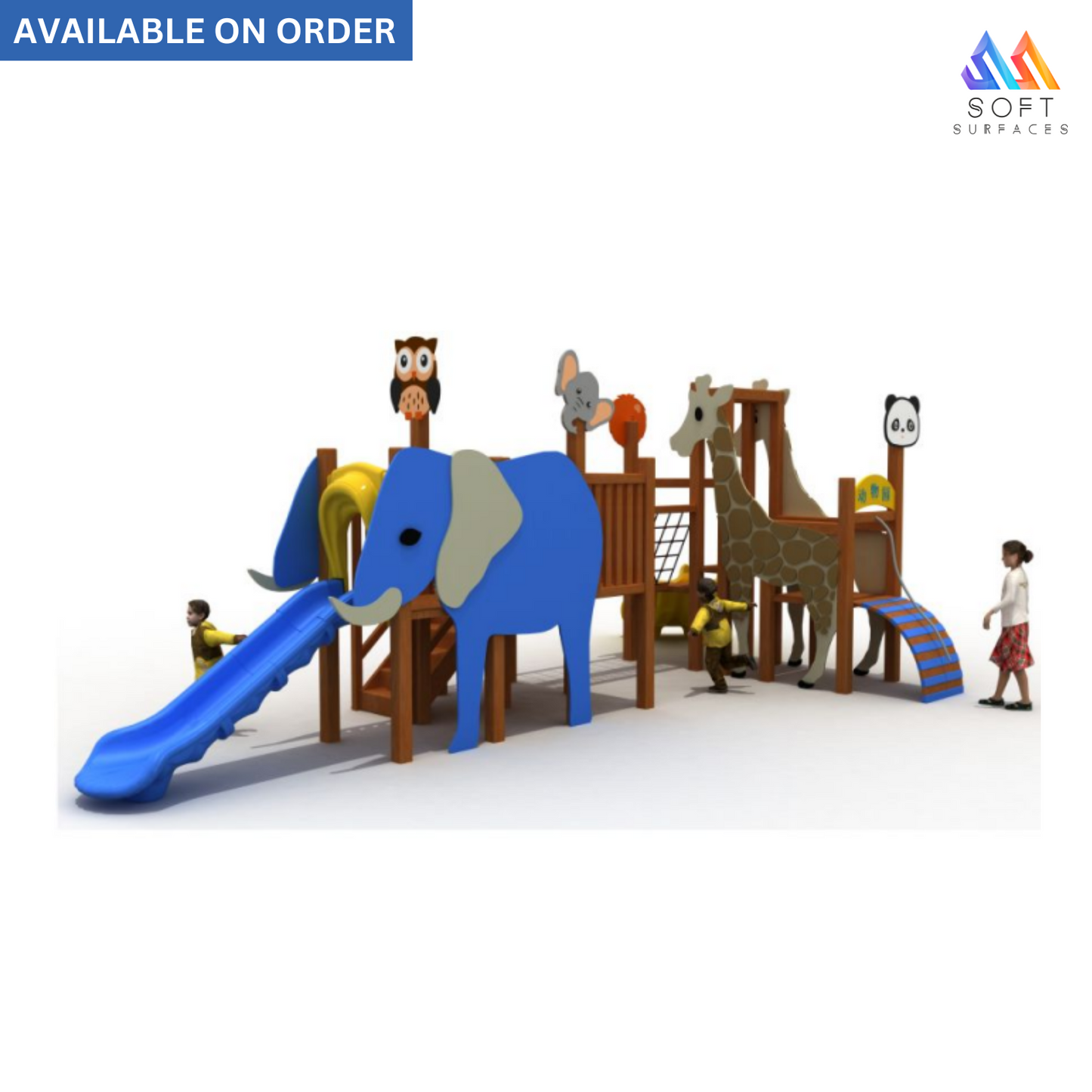 Children's outdoor play set featuring animal figures such as an elephant, giraffe, monkey, and a wooden play structure with a slide and swings. The set is predominantly in blue, brown, and beige colors.