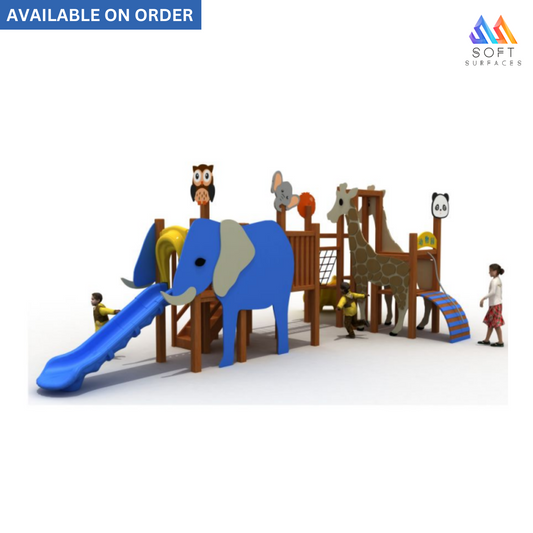 Children's outdoor play set featuring animal figures such as an elephant, giraffe, monkey, and a wooden play structure with a slide and swings. The set is predominantly in blue, brown, and beige colors.