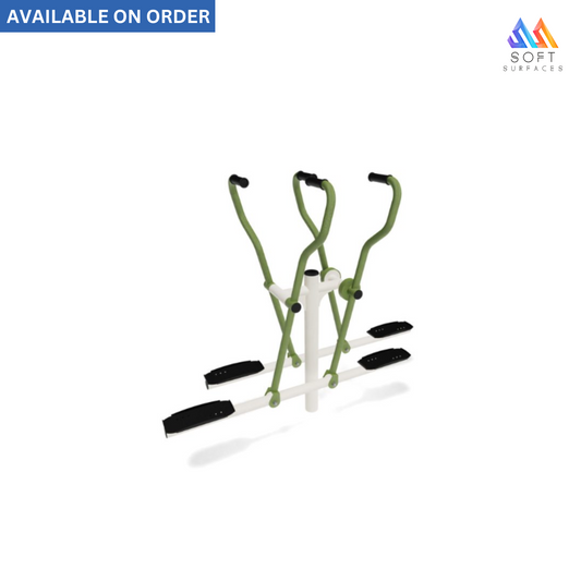 A freestanding double skier jump with green and black components, designed for skiing and snowboarding training.