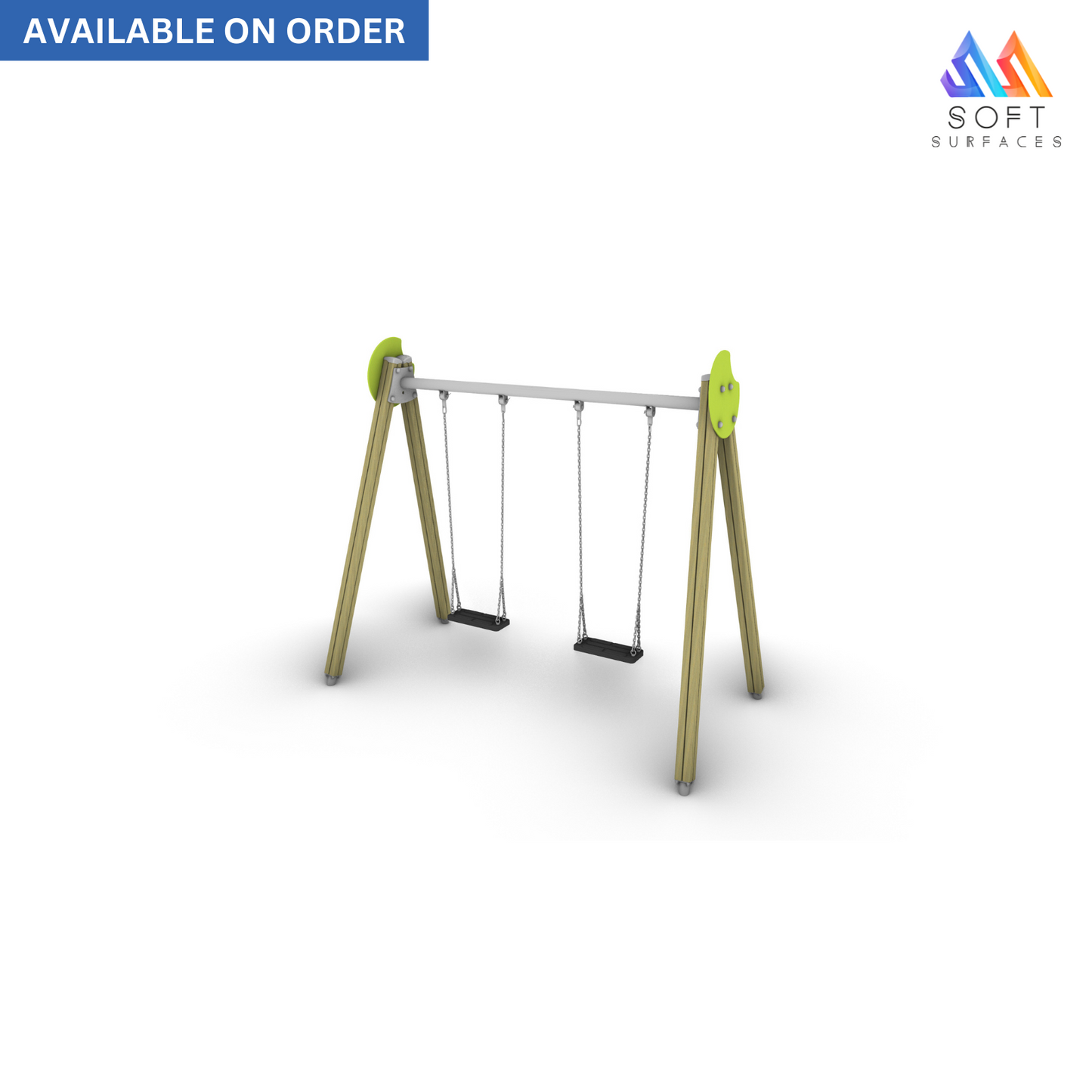 A double wooden children's swing with green seats and yellow supports, marked as available on order.