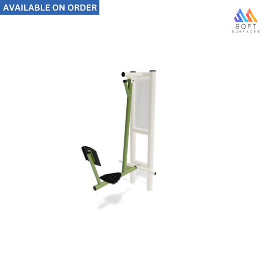 A football press on the pylon training device, featuring a green and white color scheme with a seat and a white support structure.