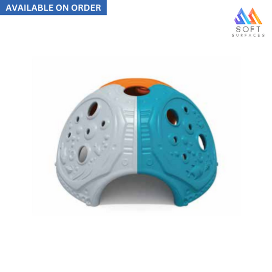 A multicolored geodesic climbing frame with a blue and orange design, featuring multiple holes and a soft surface, with the text 'Available on order' indicating that it is not immediately available.