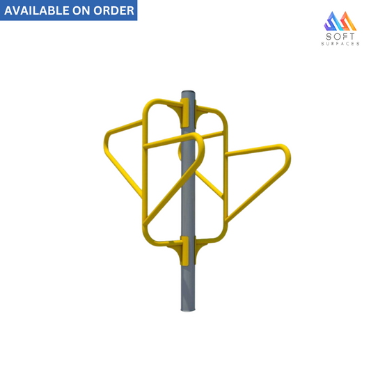 A yellow gymnastics handrail with a curved design, mounted on a grey pole, with the text 'Available on order' indicating its availability for purchase.