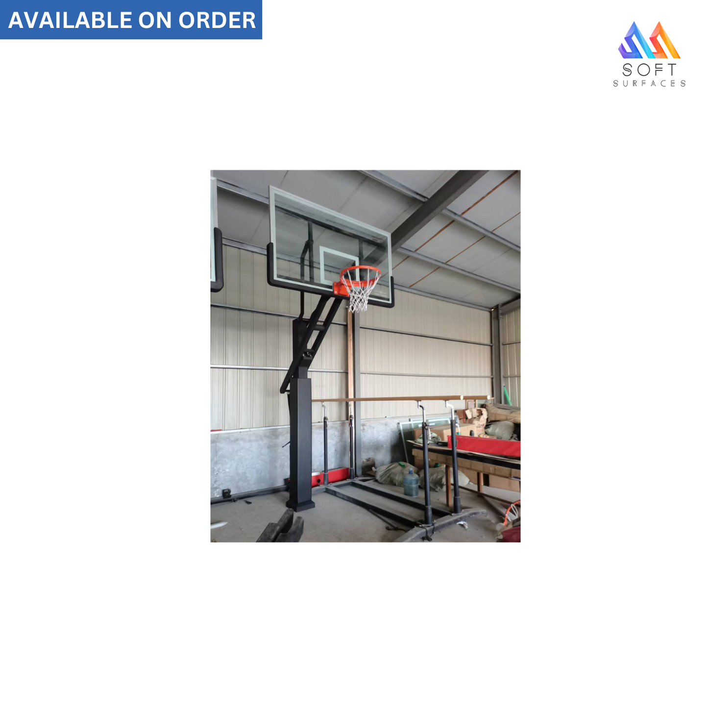 An in-ground basketball hoop with a black pole and white backboard, with a 'Available on Order' notice at the top.