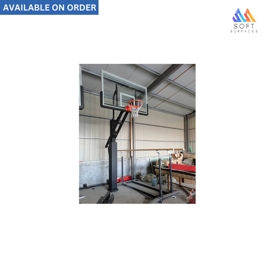 An in-ground basketball hoop with a black pole and white backboard, with a 'Available on Order' notice at the top.