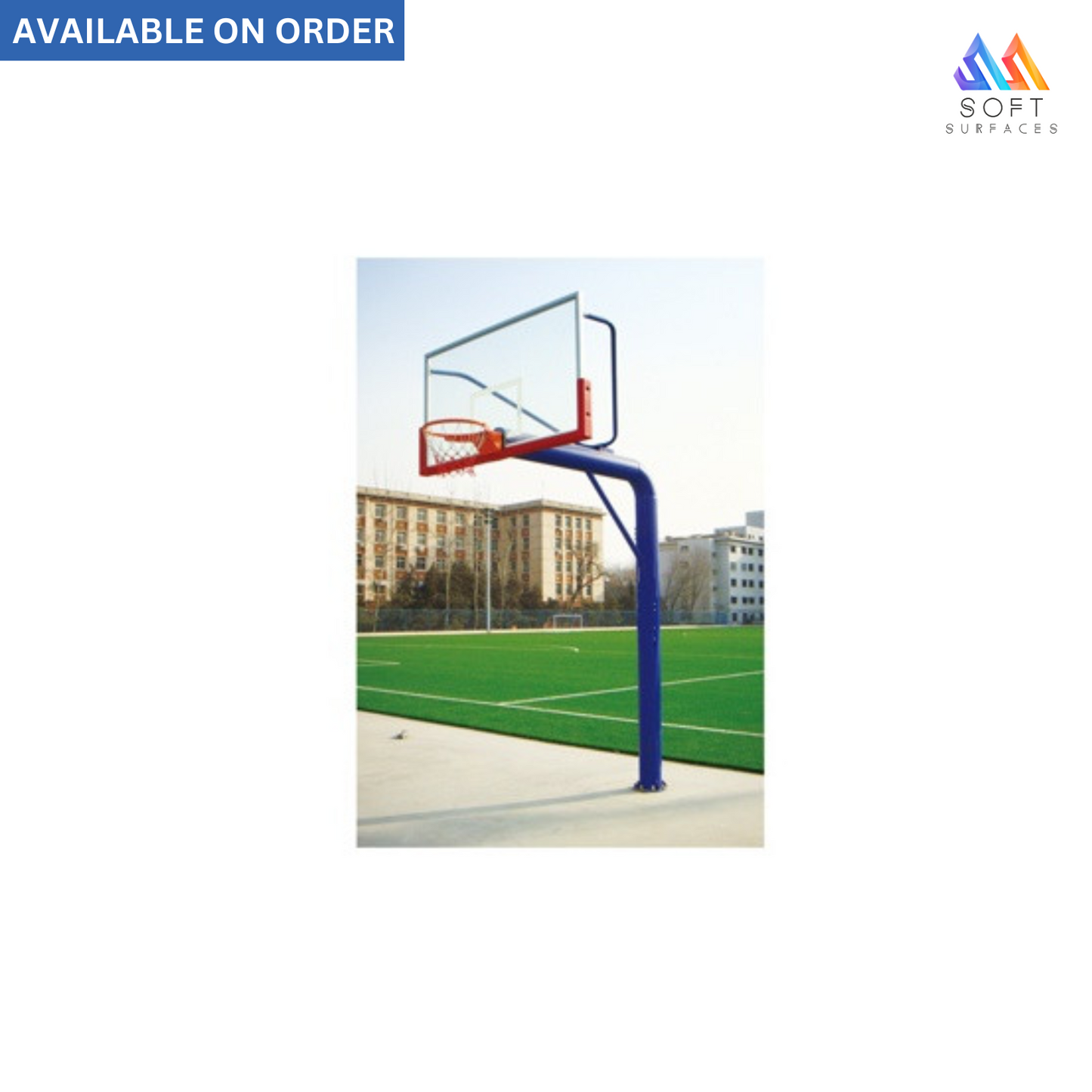 An in-ground basketball stand with a red hoop, blue post, and transparent backboard installed on an outdoor court.