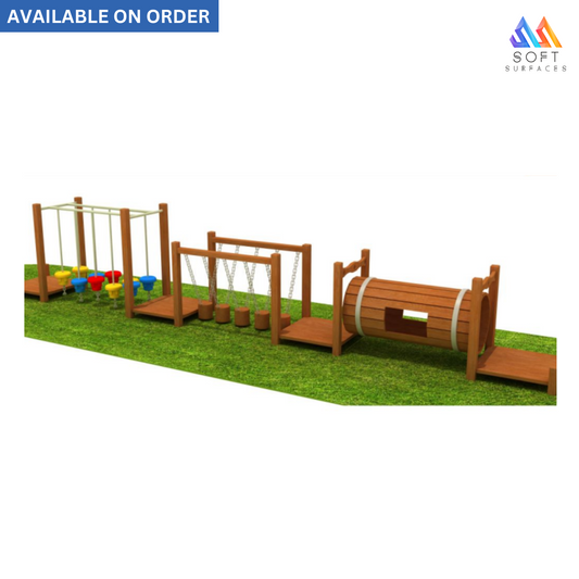 Children's outdoor play area featuring a wooden structure with a slide and play equipment, set on green artificial turf.