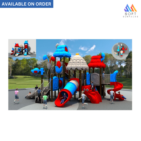Children's outdoor play equipment featuring a red slide and blue play areas with a wooden structure, surrounded by adults.