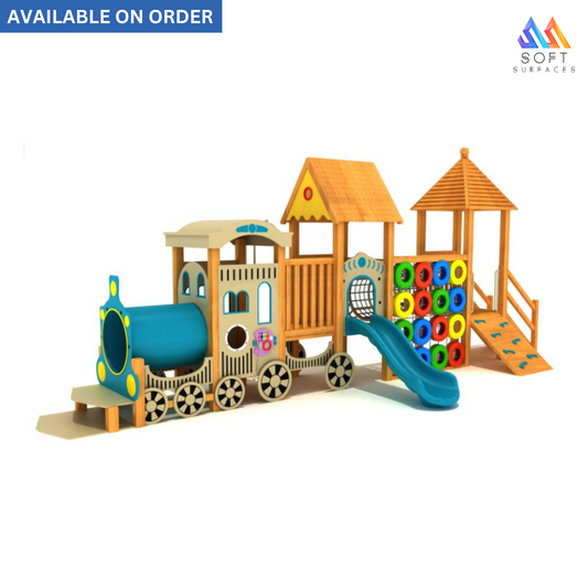 Children's wooden swing set with a train theme, including a blue slide and various playful elements.