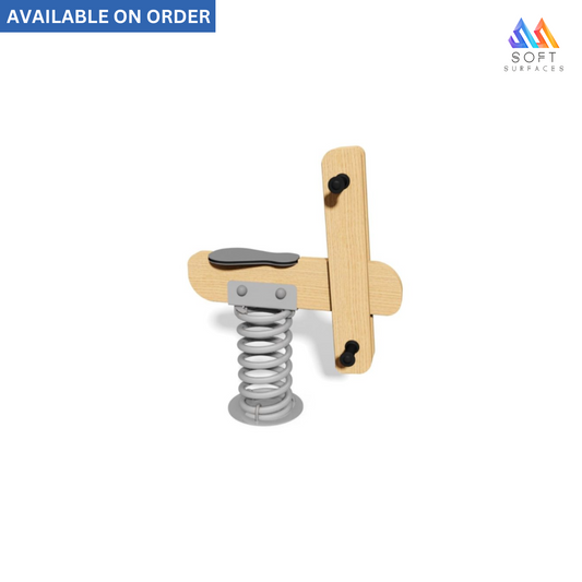 A wooden cross-shaped base with a metal spring mechanism, intended for mounting or securing equipment.