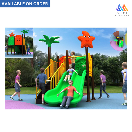 Children playing on a colorful outdoor play structure featuring a slide and tropical-themed decorations.