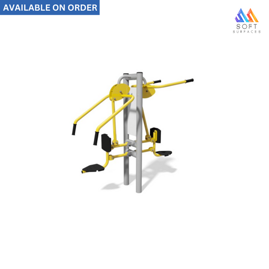 A gymnastics manual press with yellow and black padding, mounted on a grey metal frame with a 'Available on Order' notice.