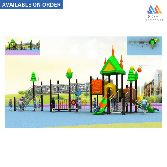 Children's outdoor play area featuring a green and brown play structure with a slide and playful elements, surrounded by a blue fence.