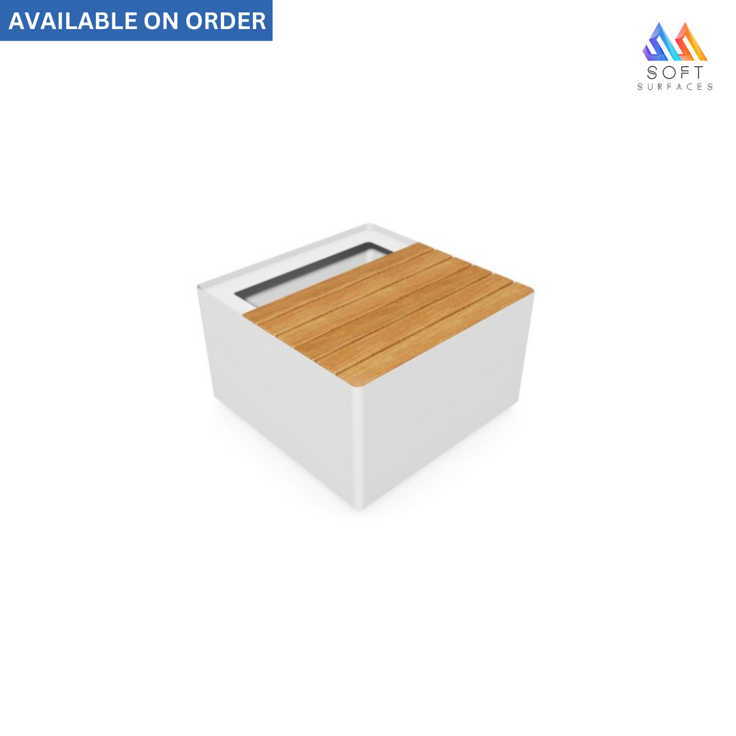 A white rectangular planter box with a wooden seat.