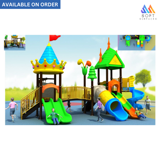 Children's outdoor play equipment set featuring a yellow and green play area with a castle-like structure, slides, and play features.