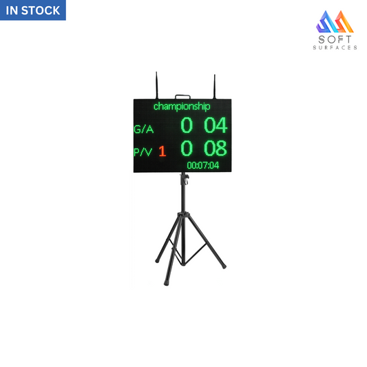An electronic scoreboard with a black screen displaying scores, mounted on a tripod stand.