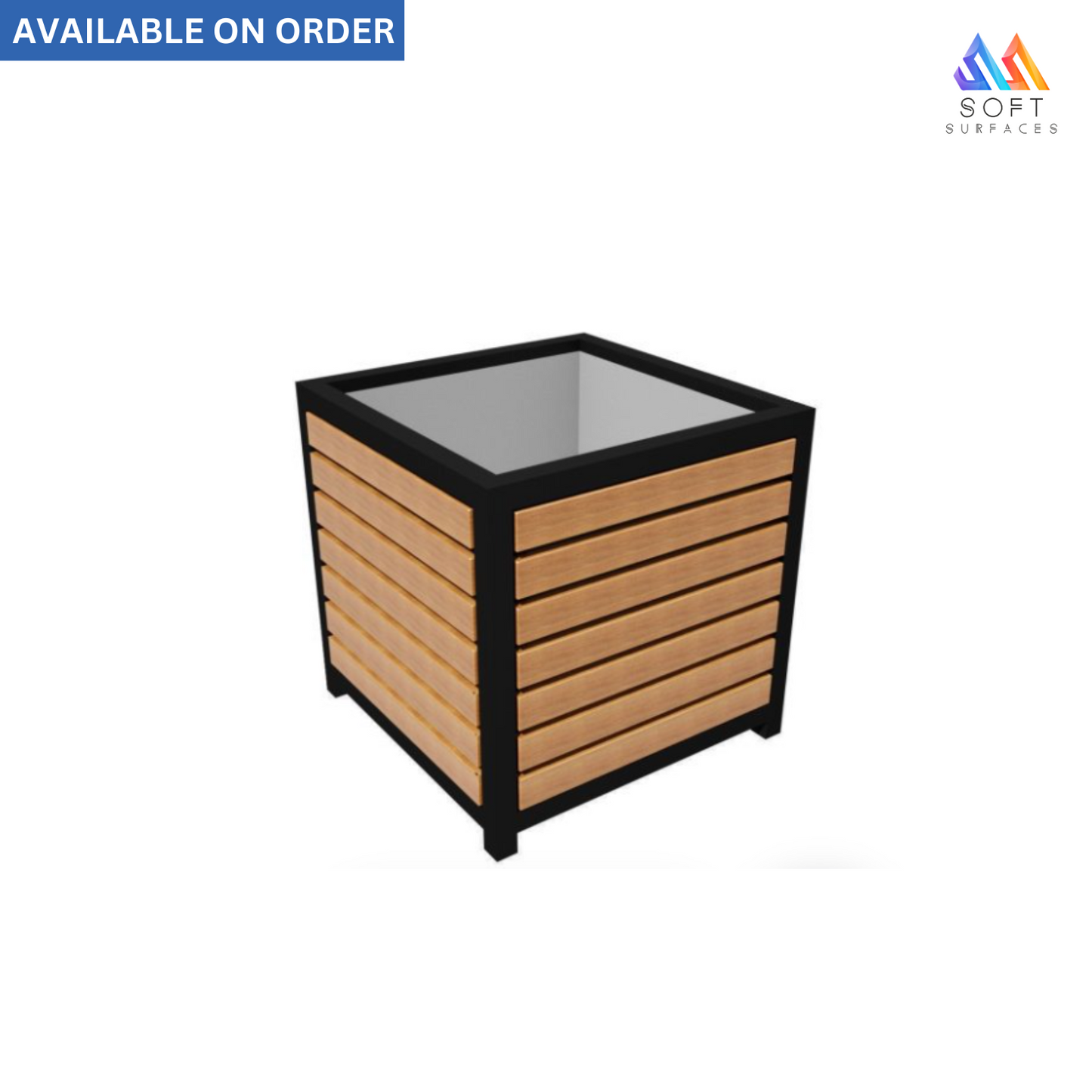A square flowerpot with a steel supporting structure and spruce wood side covers, primarily brown in color.