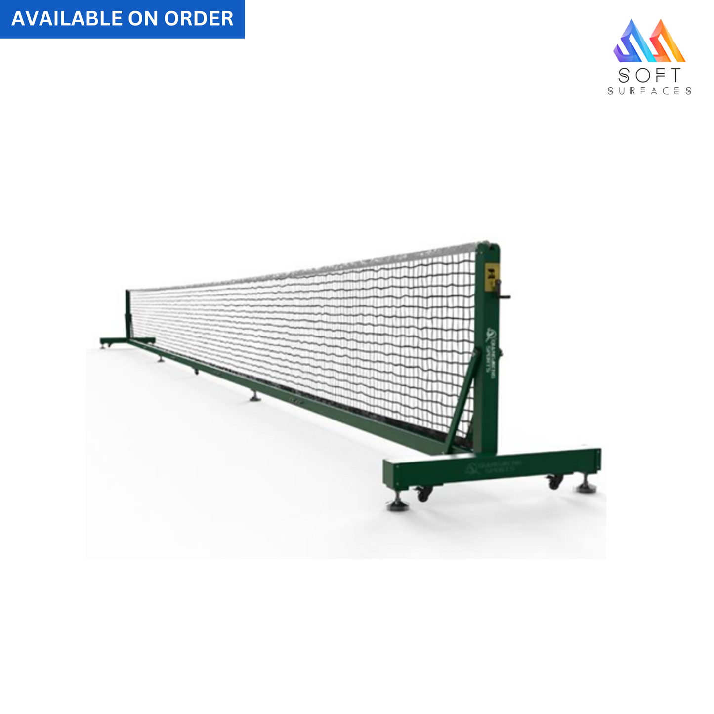 A portable aluminum tennis post with a net, featuring a green color, black powder coating, and branded with 'TEPAL'. It has a rectangular shape with a net attached to the top and stands on four brake wheels.