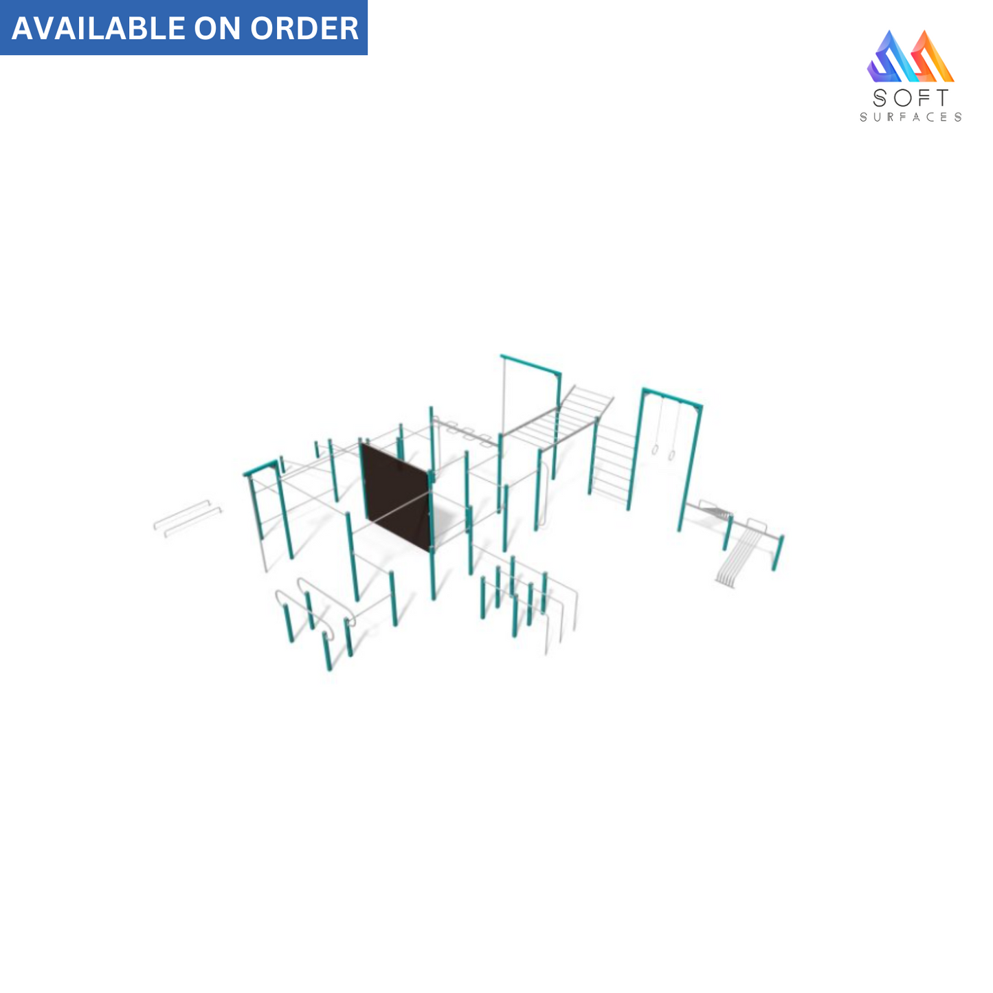 A 3D rendering of a street workout suplex with a dark central platform surrounded by light-colored support structures .