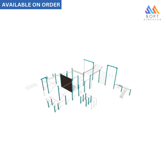 A 3D rendering of a street workout suplex with a dark central platform surrounded by light-colored support structures .