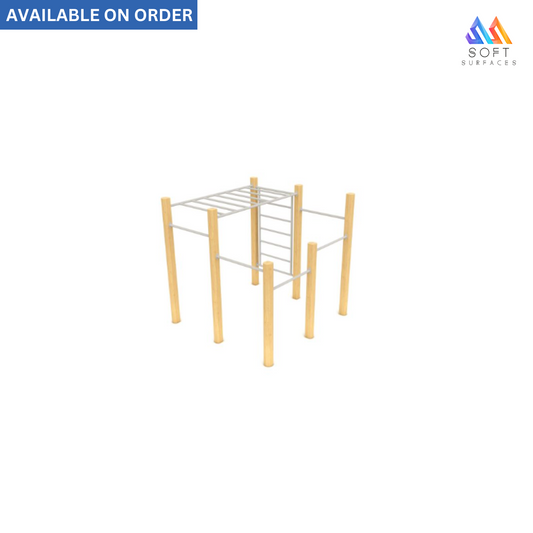 A wooden and metal street workout apparatus with a ladder and bars, marked.