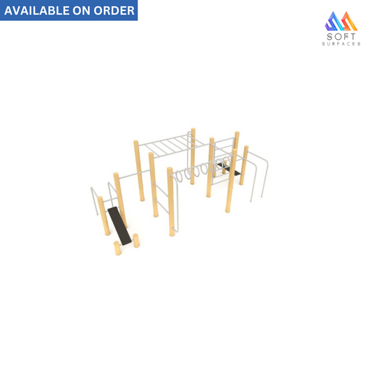 A wooden and metal street workout apparatus with various bars and exercise stations, labeled