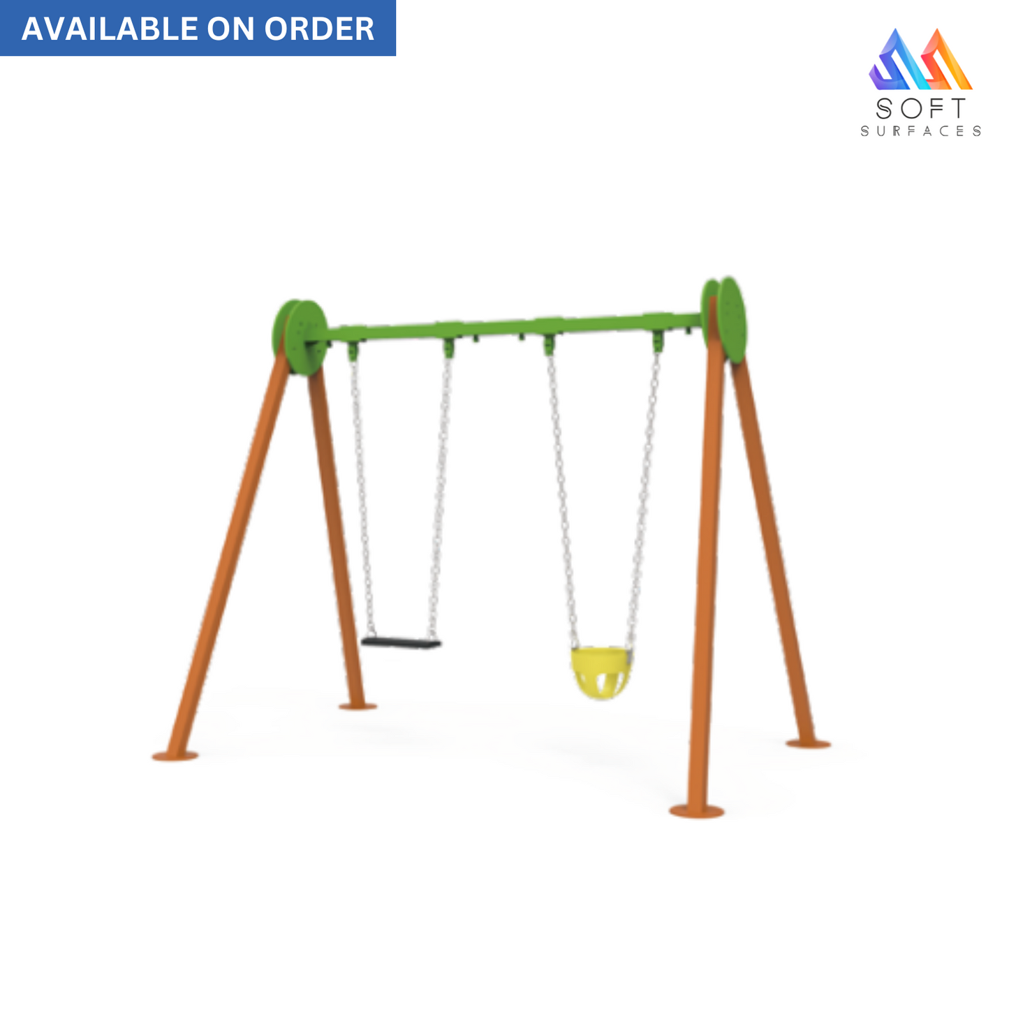 An orange and green plastic swing set with a swing seat, basketball hoop, and a safety barrier.
