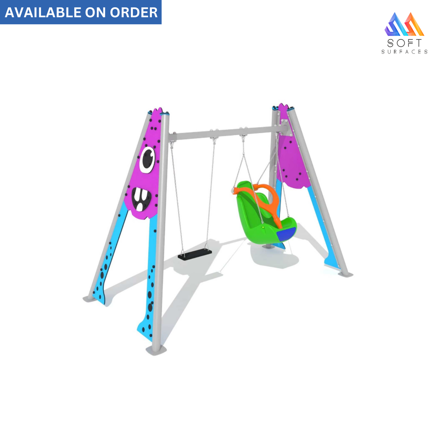 A colorful steel swing set with a flat seat and a folding seat, featuring a spooky character design and a rigid harness for handicapped children.