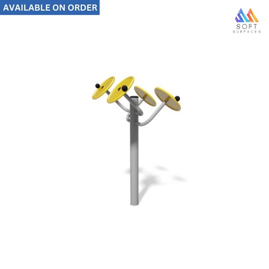 A tai chi practice device with a metal pole and four yellow circular platforms at the top, designed for indoor athletic training.