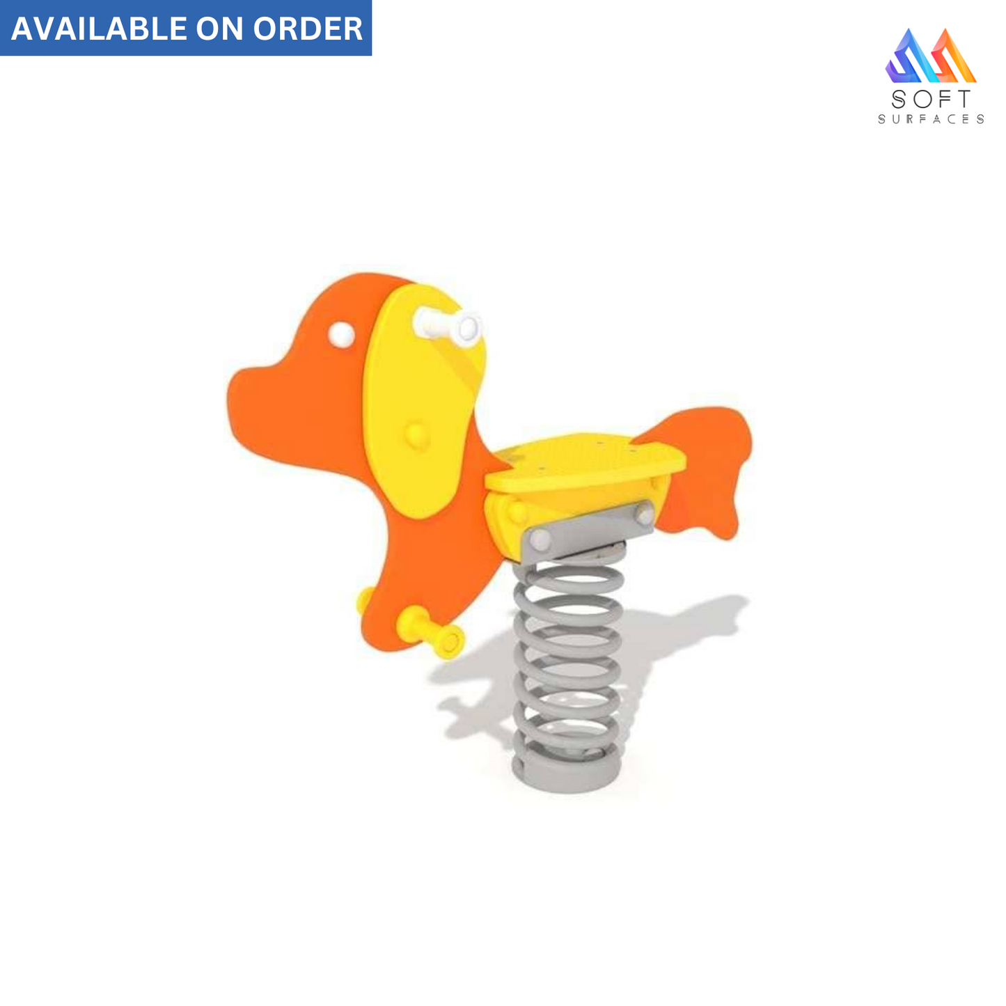 A plastic spring rider toy designed to look like a dog, with orange, yellow, and gray colors, featuring a single seat and a metal spring mechanism.
