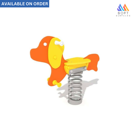 A plastic spring rider toy designed to look like a dog, with orange, yellow, and gray colors, featuring a single seat and a metal spring mechanism.