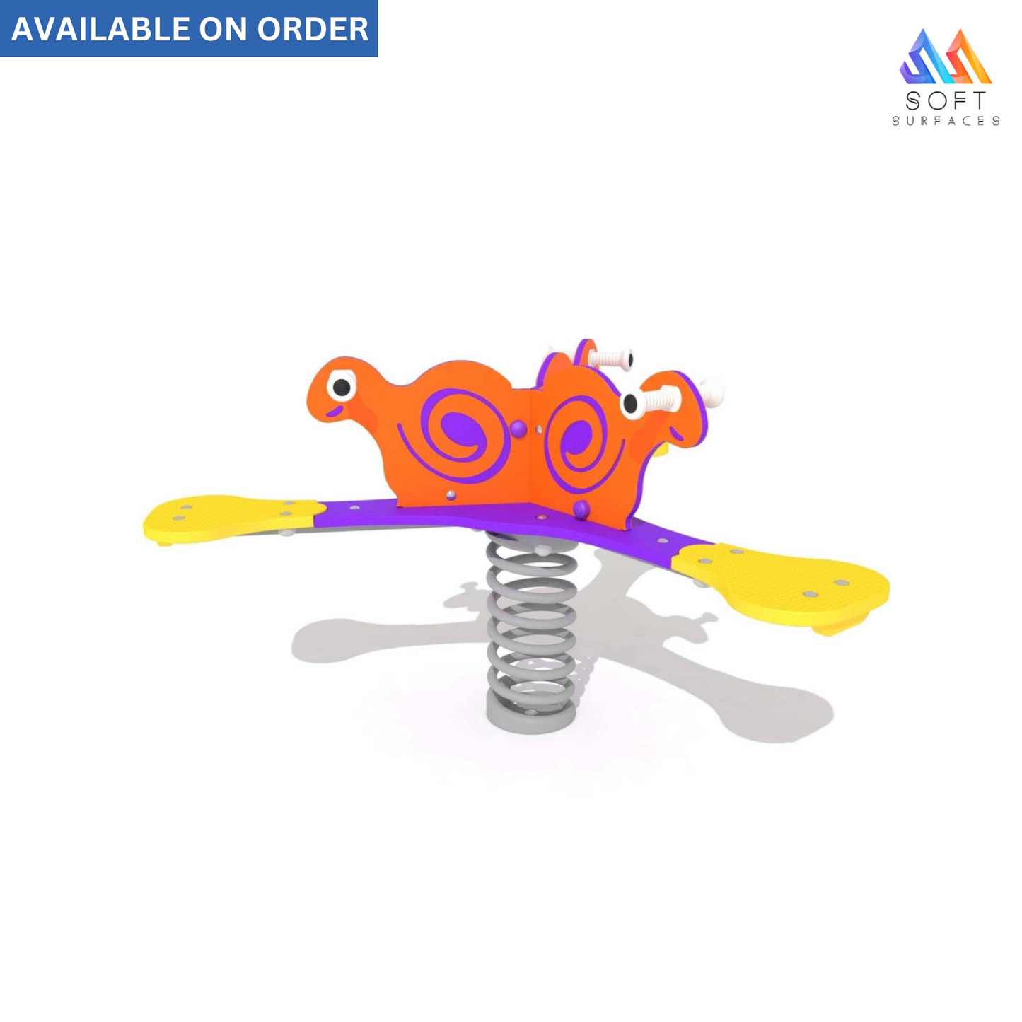 A colorful spring-loaded swing set with three seats, designed for children's outdoor play.