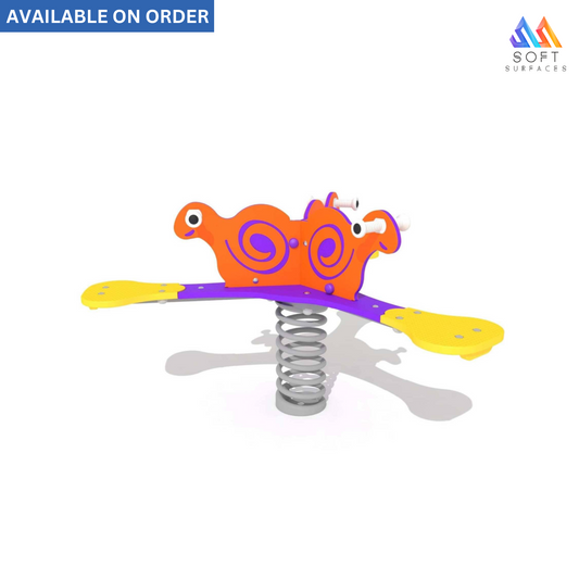 A colorful spring-loaded swing set with three seats, designed for children's outdoor play.