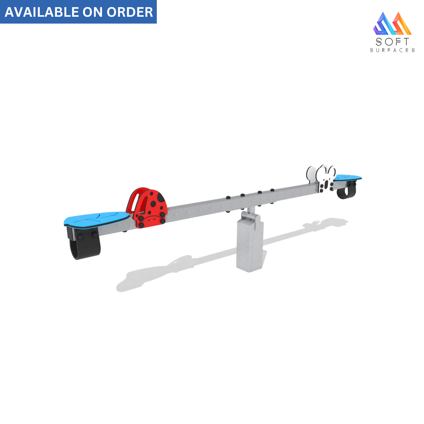 A red and blue planked seesaw with a metallic frame, designed for outdoor play.