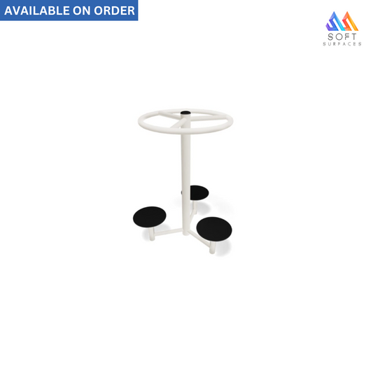 A white gymnastics floor apparatus with three black grips and a circular base, designed for gymnastics training.