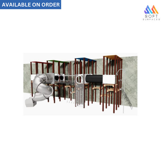 A digital rendering of a wall paneling system with various wooden panels and a central metal structure