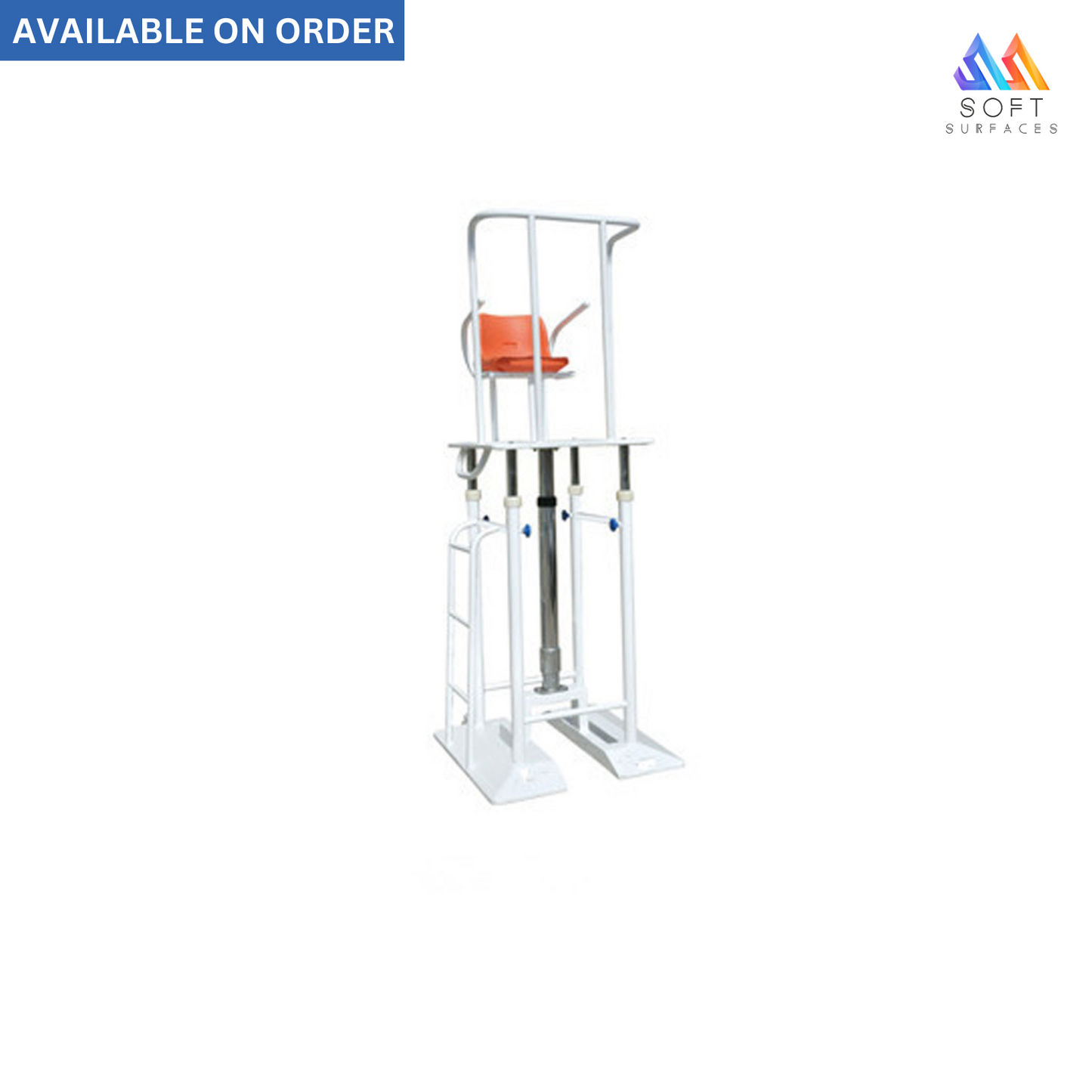 A volleyball badminton height adjustable umpire chair with a white lift platform, black post, and an orange seat.