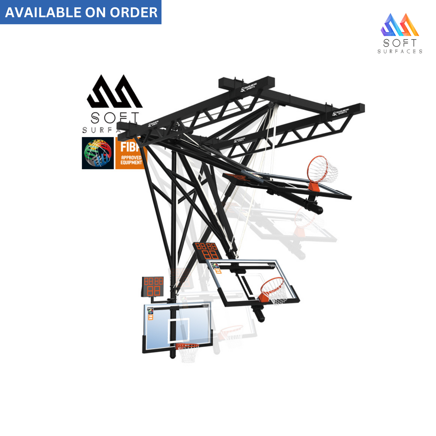 A ceiling suspended front-fold basketball goal with a clear backboard, rim, and supporting structure made of black galvanized steel pipes.