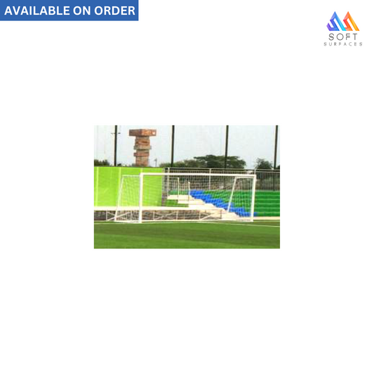 A 5x2 meter aluminum soccer goal with a white frame and a blue net, set on a grass field.