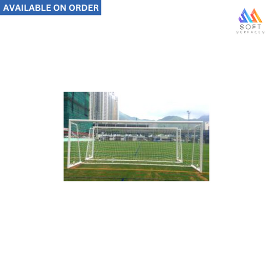 Portable aluminum soccer goal with wheels and a white net, displayed on grass.