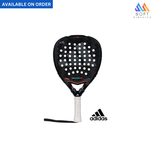 Adidas Metalbone HRD+ 3.4 padel racket with black and orange details, featuring a carbon flat blade with spin blade decal, and a white grip with brand logo.